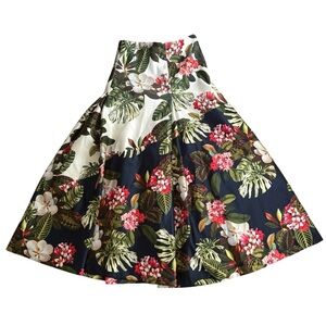 Zara Floral Printed MIDI Skirt S High Waisted Pleated Full Skirt Navy Pink Cream